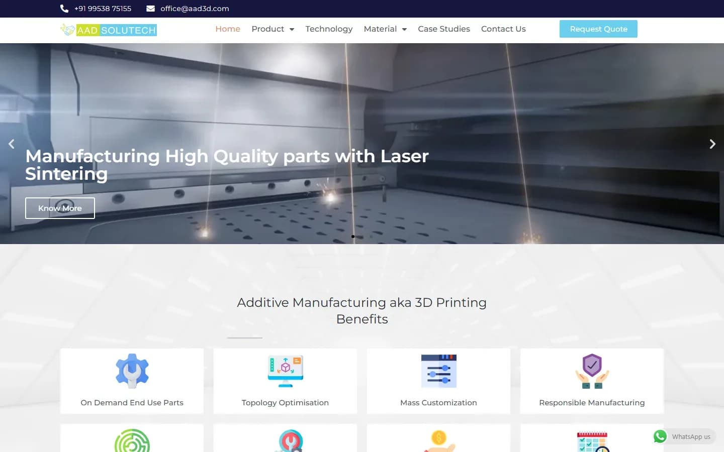 AAD Solutech website homepage presenting industrial 3D printers