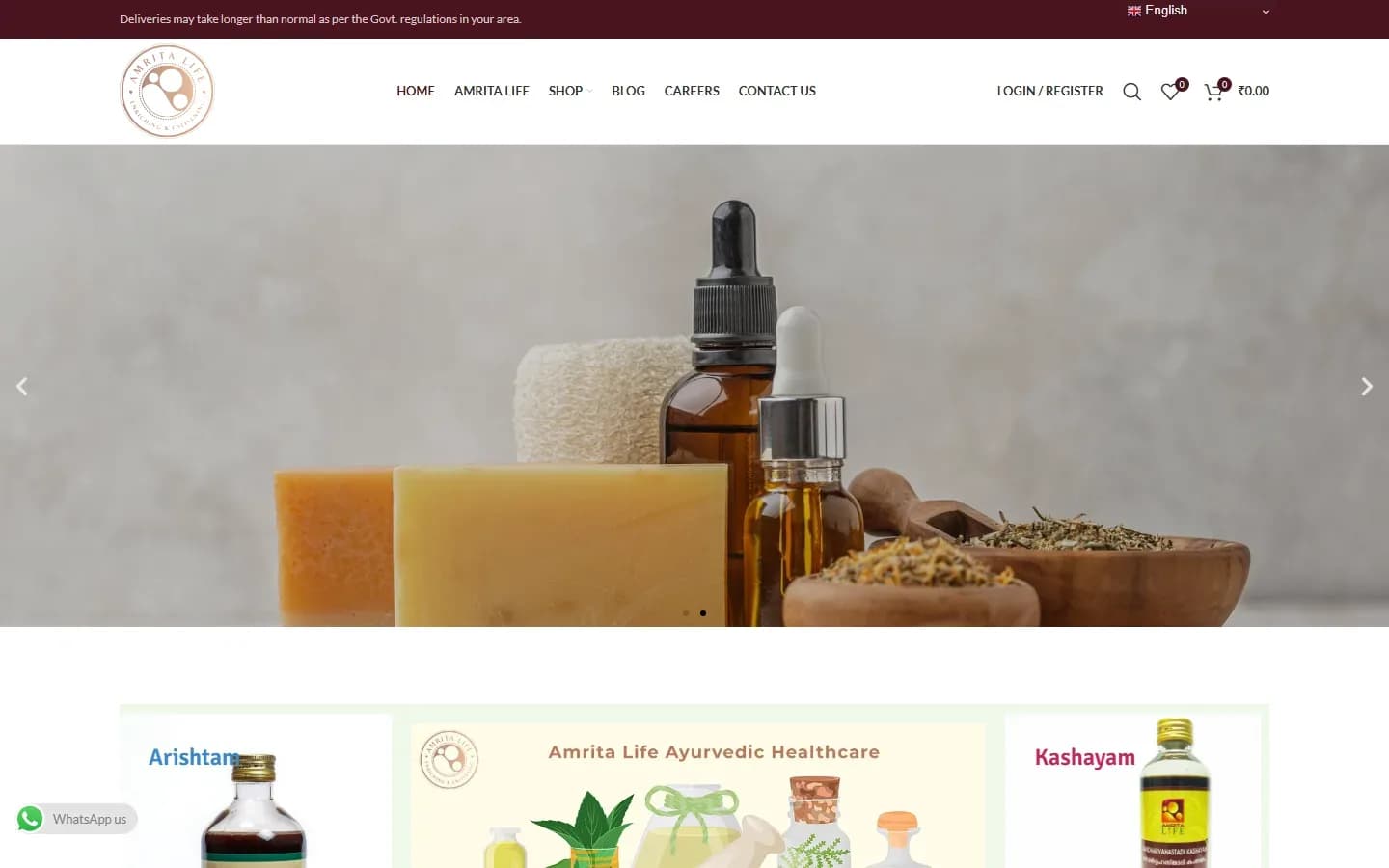 AmritaLife online store homepage with Ayurvedic product categories