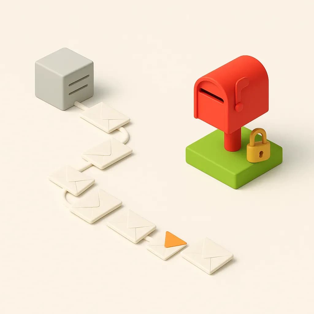 Illustration of emails migrating from an old mail server to a new secure mailbox on a business domain