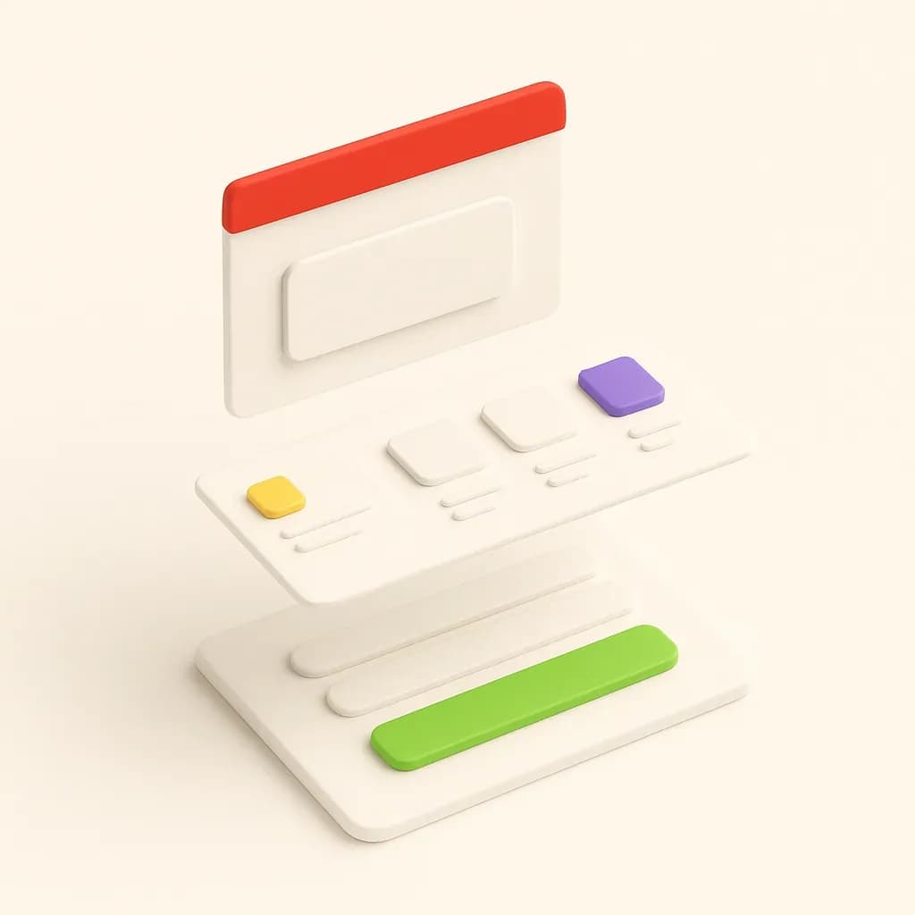 Illustration of a business website layout assembling: header, hero, content cards and a contact form