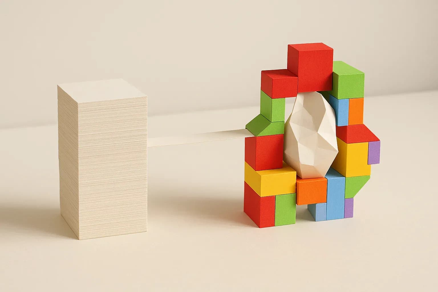 A uniform factory-made paper stack beside a hand-built paper structure shaped around a custom form