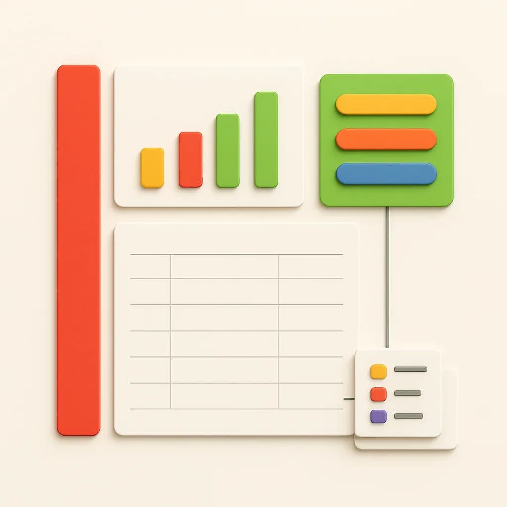 Illustration of a custom web application interface with charts, a data table and status tiles linked to a workflow