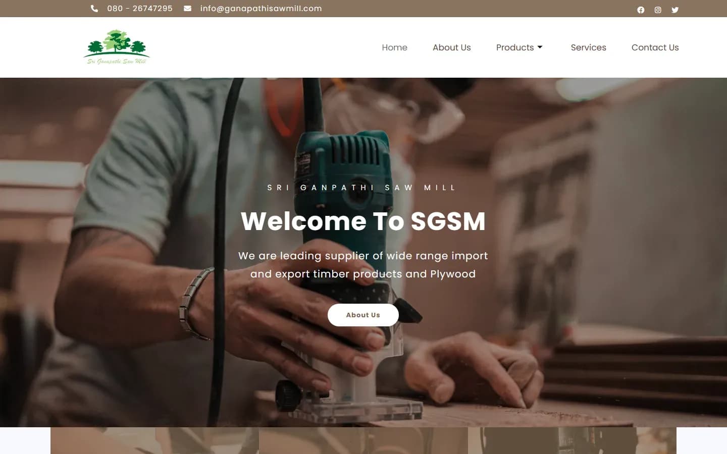 Sri Ganapathi Saw Mill website homepage for timber and plywood