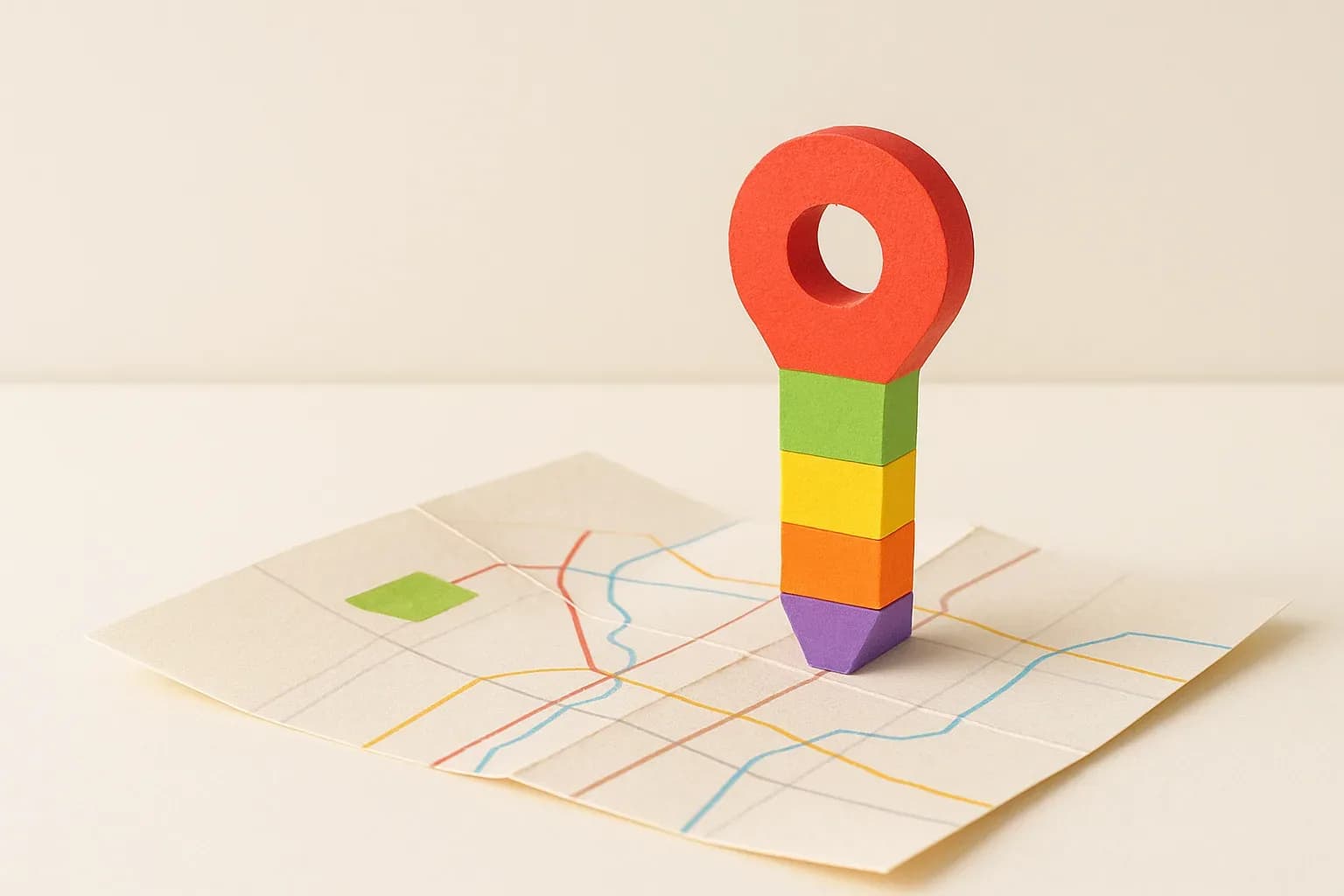 A paper map pin made of stacked coloured blocks standing on a folded paper map