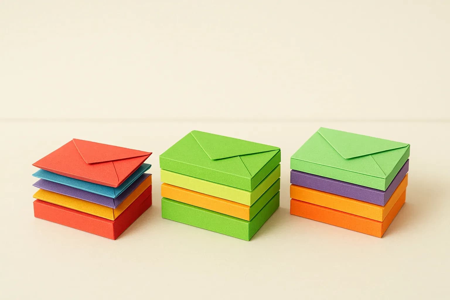 Three distinct stacks of paper envelopes made from coloured paper blocks, side by side