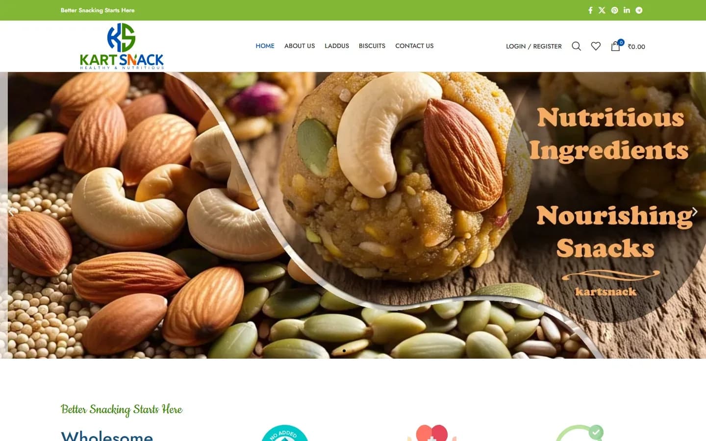 KartSnack online store homepage with healthy snack products