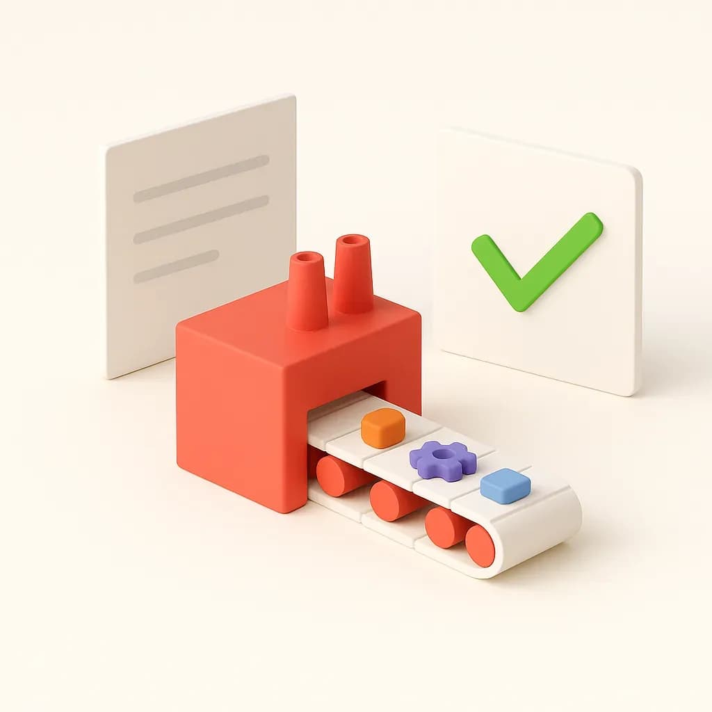Illustration of a factory conveyor with parts, a specification sheet and a request-for-quote card