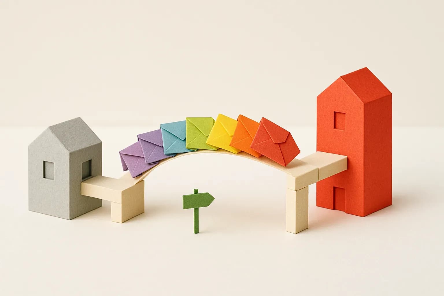 Paper envelopes crossing a paper bridge from an old grey building to a brighter new one