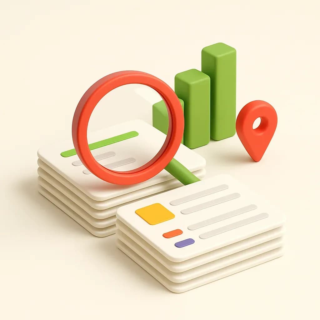 Illustration of a magnifying lens over content pages with rising bars and a map pin, representing search visibility