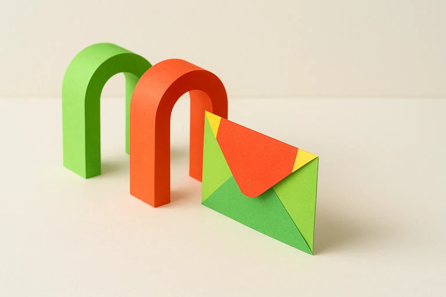 A paper envelope made of coloured blocks passing through three paper gates in sequence