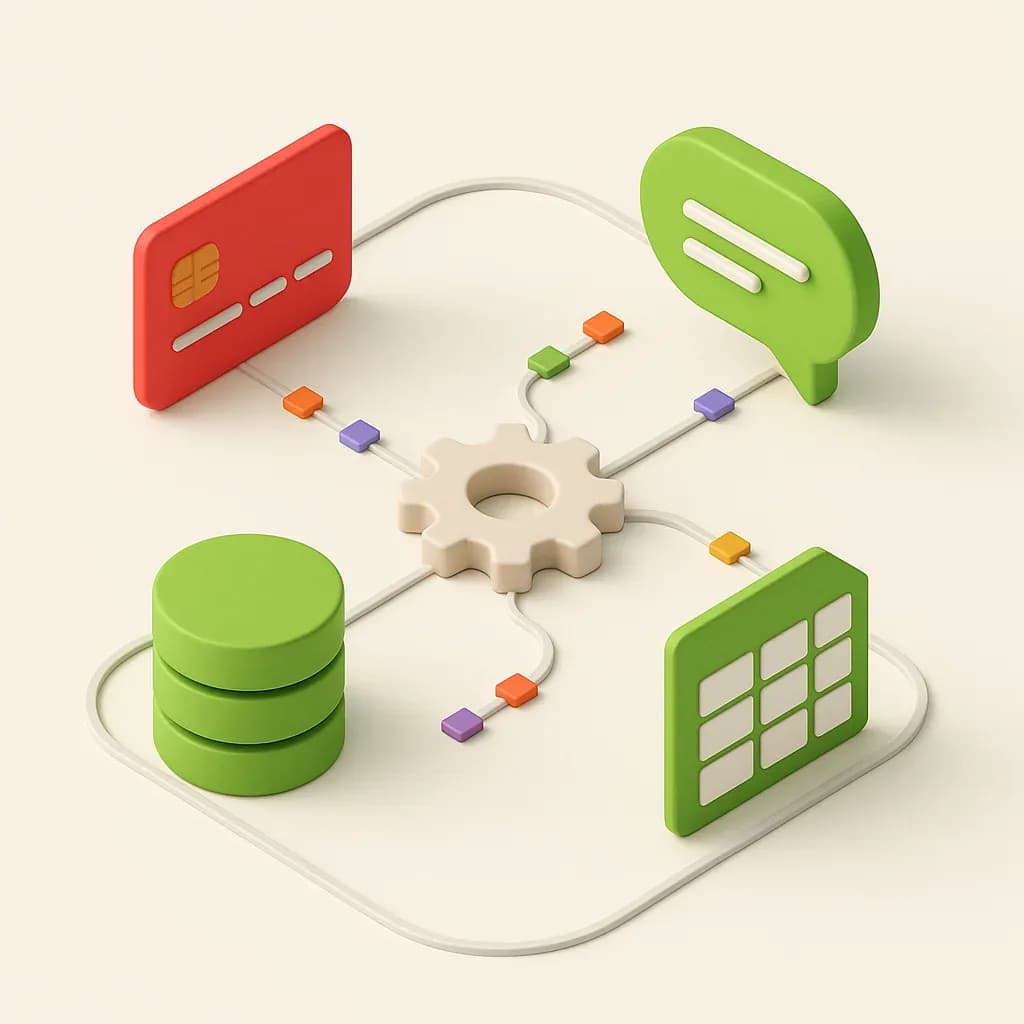 Illustration of payment, chat, database and spreadsheet systems connected by automated data flows