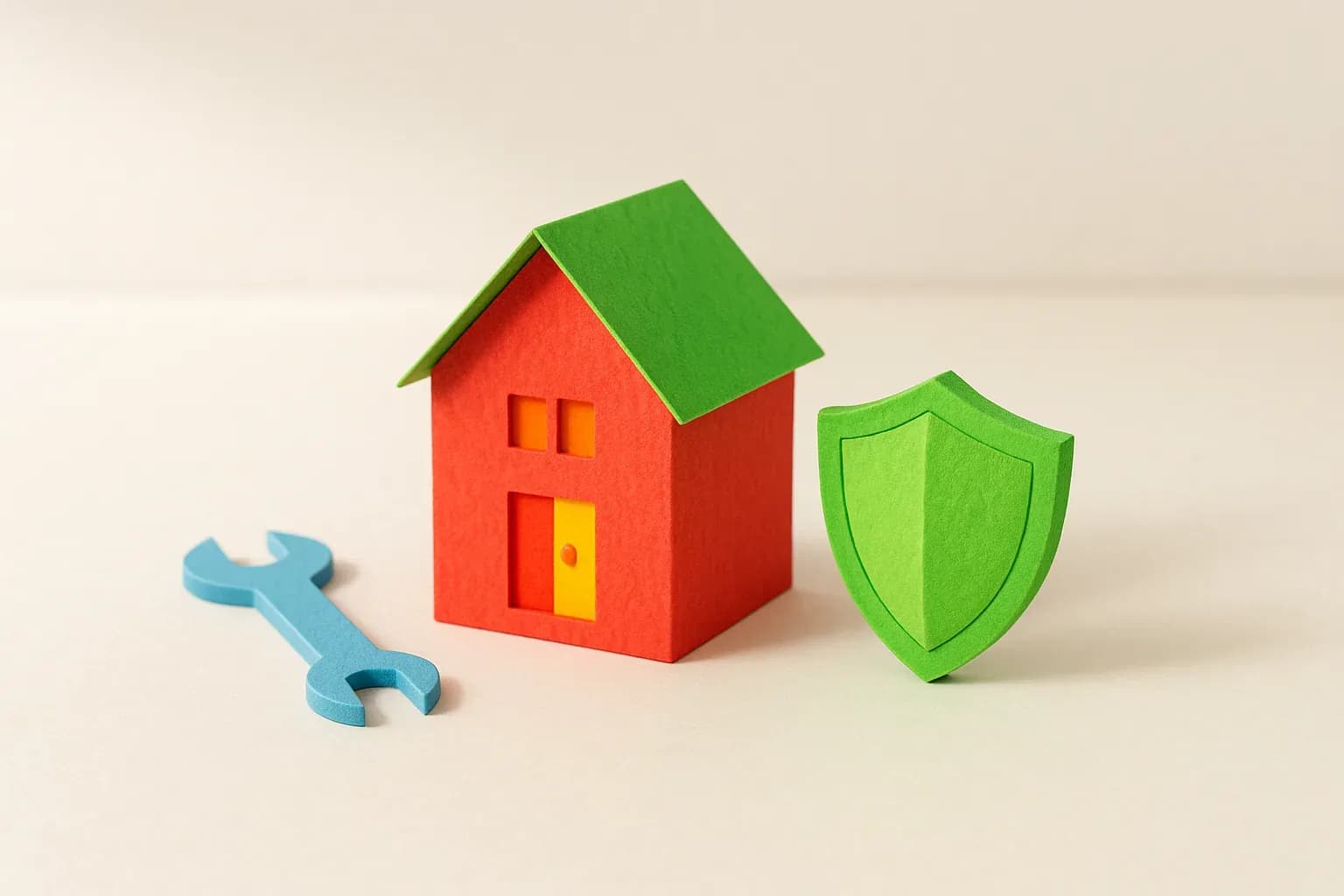 A small paper-block house with a tiny paper wrench and shield beside it