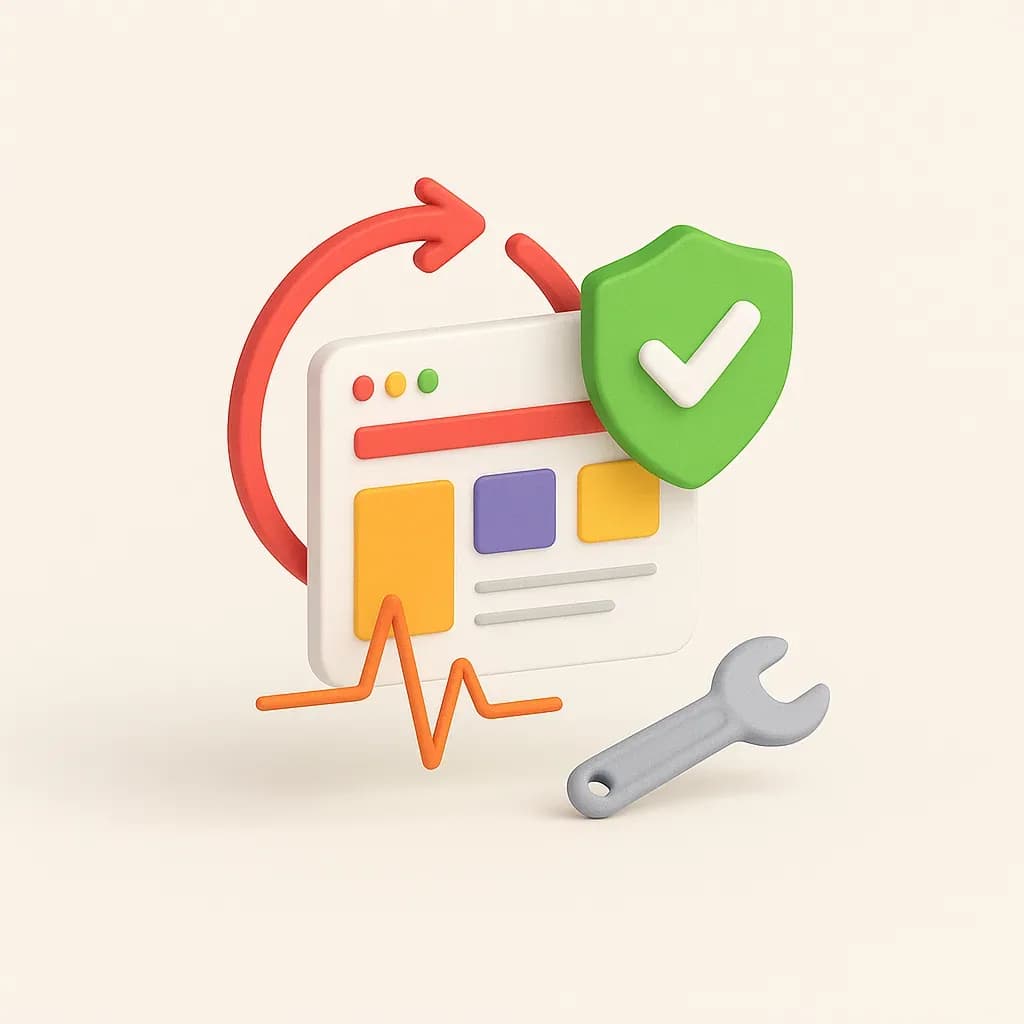 Illustration of a website being maintained: updates, security shield, uptime monitoring and tools