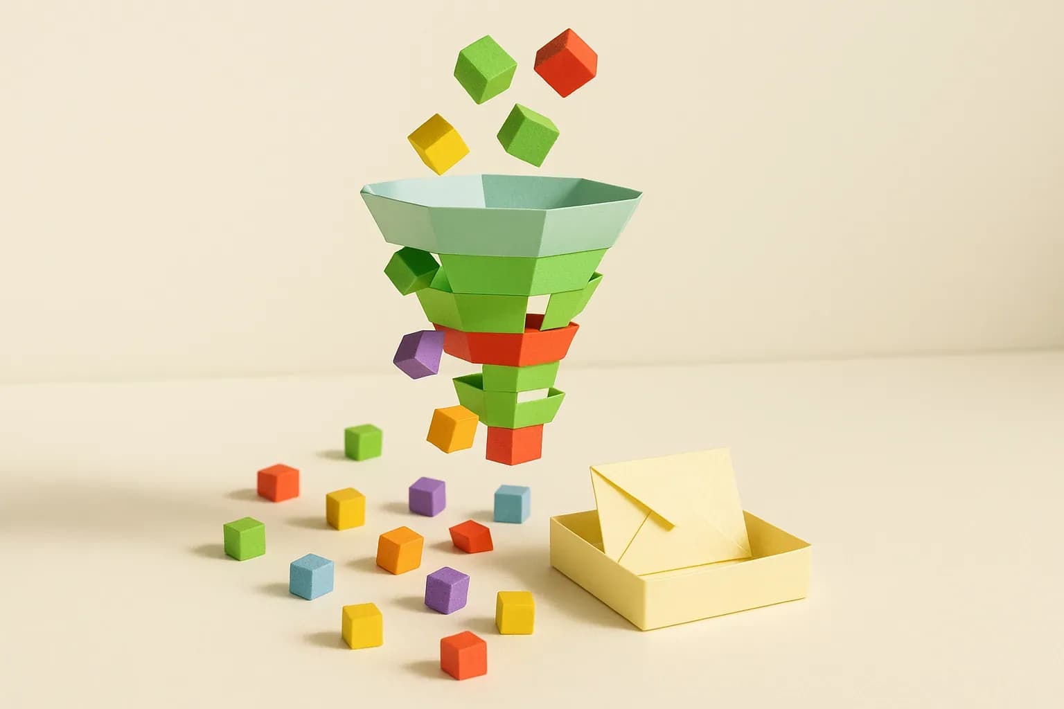 A funnel built from stacked pastel paper blocks