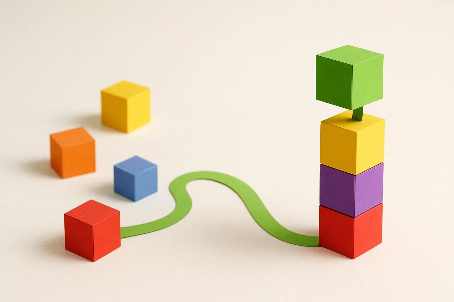Paper blocks being rearranged into a new structure while a path connects old and new positions
