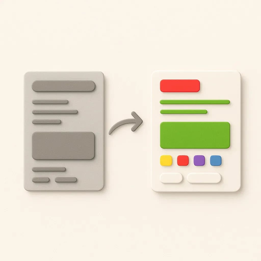 Illustration of an outdated grey website structure being transformed into a clean, modern one