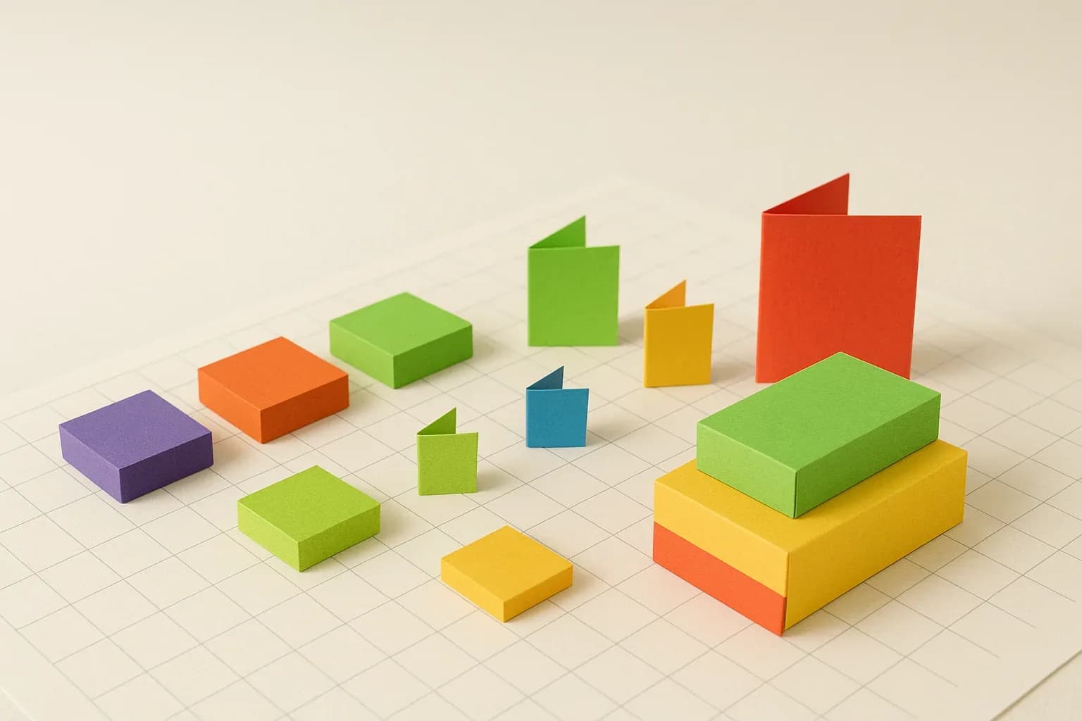Neatly arranged paper blocks and folded paper cards on a desk grid, ready to be assembled