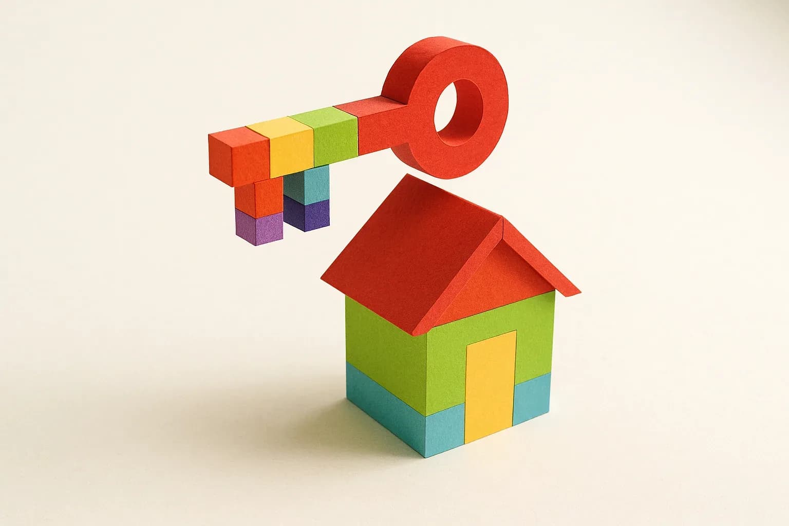 A single key made of paper blocks resting on top of a small paper-block house