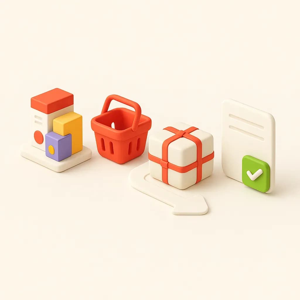 Illustration of an online store flow from products to basket, parcel delivery and receipt