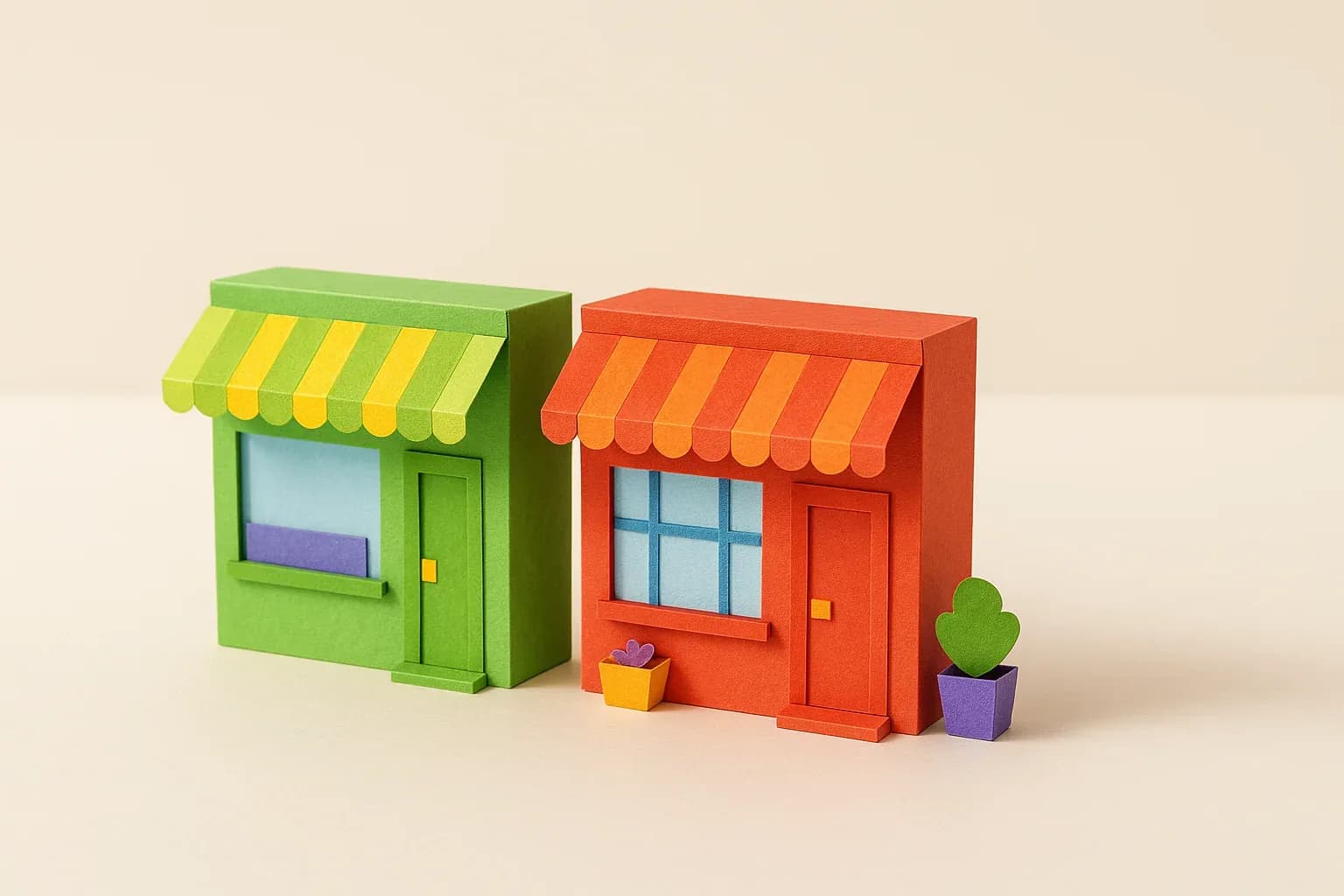 Two small paper-block shop fronts side by side, one green and one red