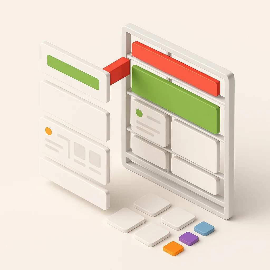 Illustration of modular website sections slotting into a structured grid, representing an editable WordPress site