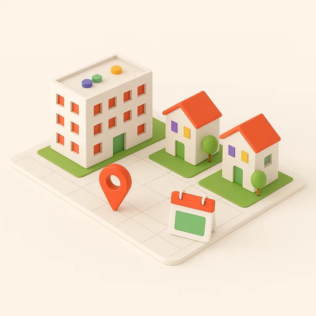 Illustration of a small residential development with a site-visit calendar and a location pin